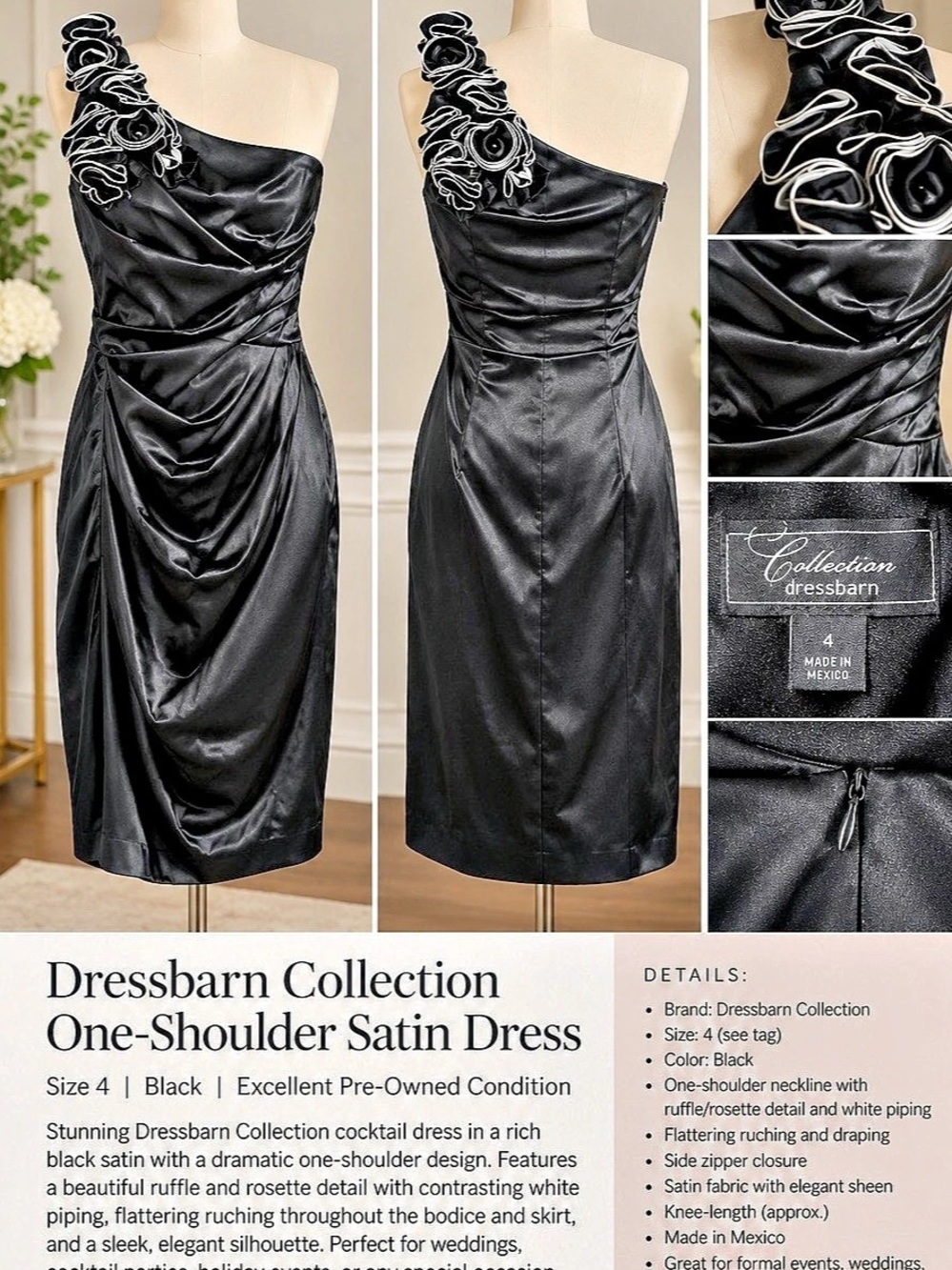 Dressbarn Collection One-Shoulder Satin Dress Black One-Shoulder Dress Size 4